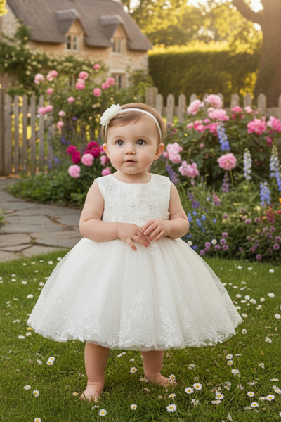 Baby Christening Lace Dress – Pearl Detail