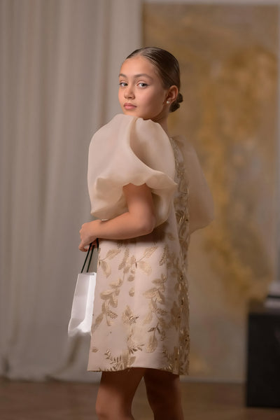 Sabrina Bloom Dress - Taupe Embroidered Girls Couture