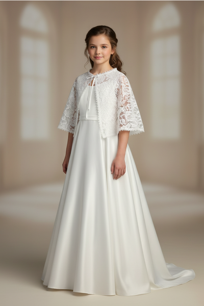 Girls Rosalie Lace Ribbon Cape in White