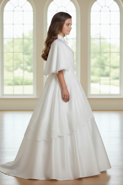 Girls Satin Cape with Lace Trim | Communion Cover-Up