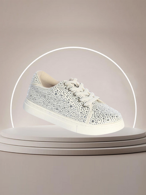 Girls Rhinestone Dress Sneakers – White Sparkle Comfort