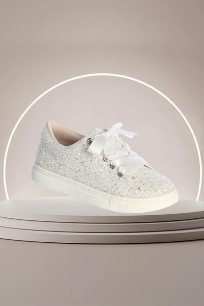 Girls White Glitter Sneakers with Satin Ribbon Laces