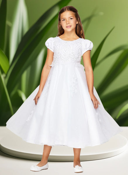 Amelia Girls First Communion Dress in Satin & Lace White / 12