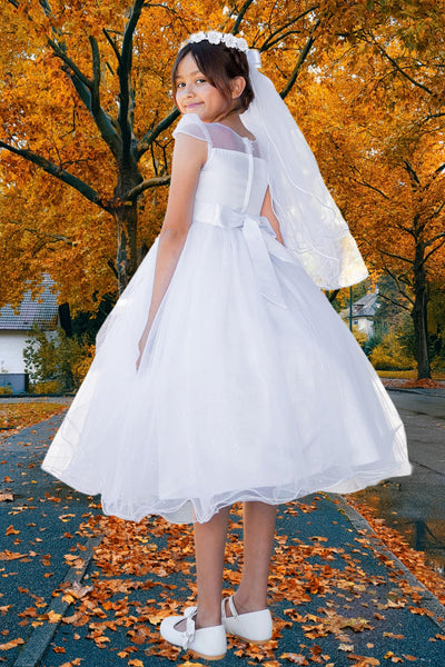 Julissa White Tea-Length Dress for Communion & Flower Girl