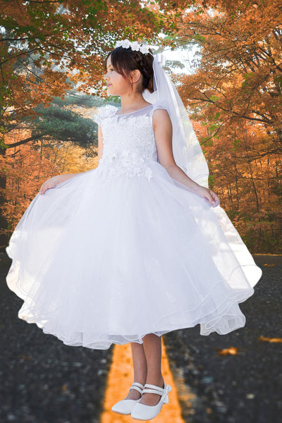 Julissa White Tea-Length Dress for Communion & Flower Girl