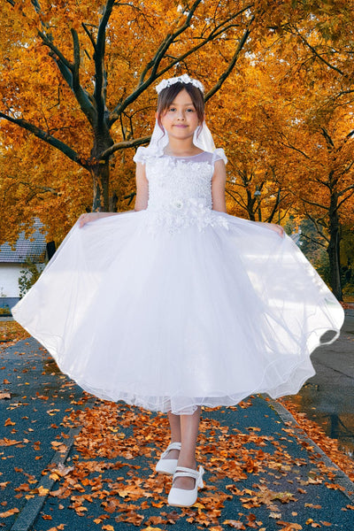 Julissa White Tea-Length Dress for Communion & Flower Girl
