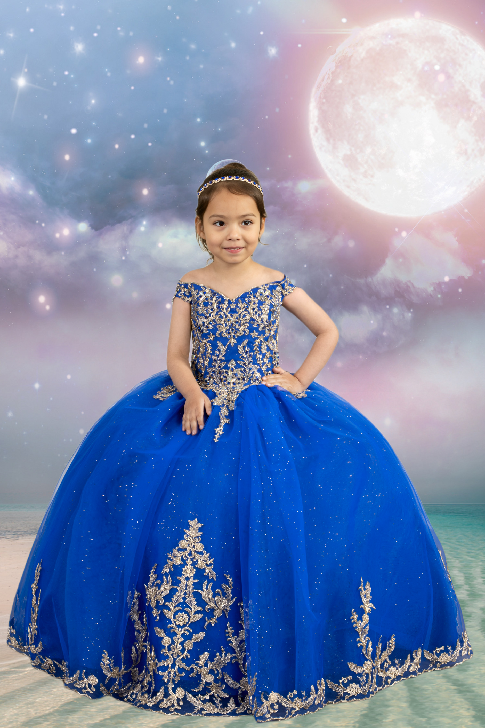 slim fit dress slacks Off Shoulder Embroidered Dress w/Cathedral Tail by Bella Princess Couture Pq1055 Royal/Gold / L main image 1