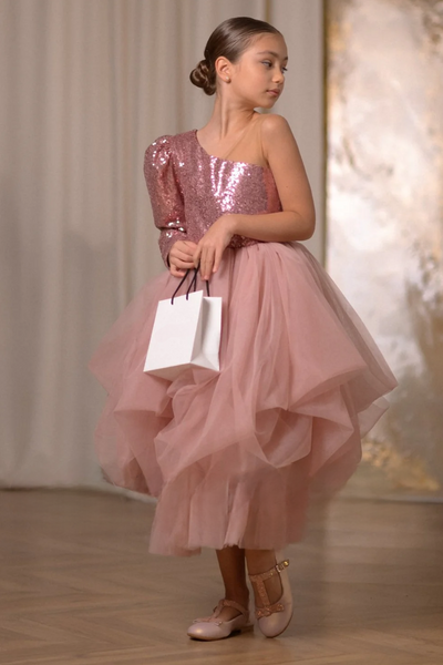 Rosalia Girls Dress - Sequined Asymmetric Gown with Tulle Skirt