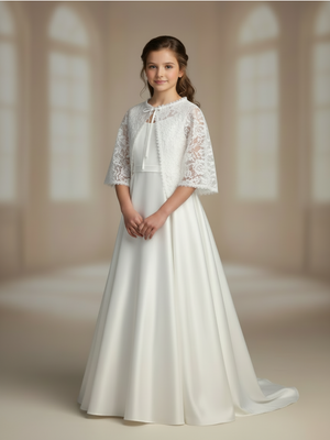 Girls Rosalie Lace Ribbon Cape in White