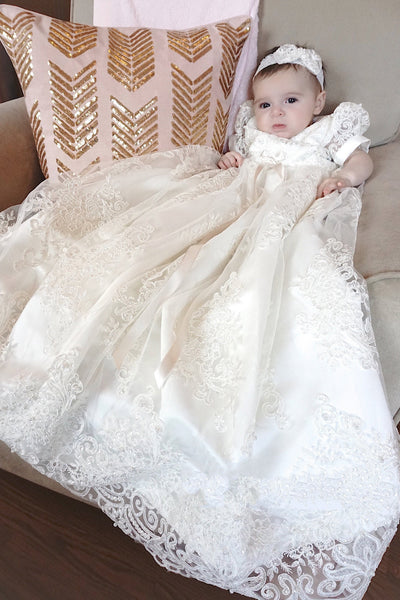 Couture Baby Baptismal Gown In Luxurious  Alencon Lace