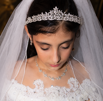 Girls Crystal Tiara & Veil Set Communion Headpiece