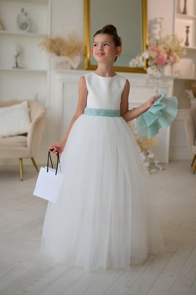 Aurelia Mint Bow Couture Dress | Girls Tulle Gown