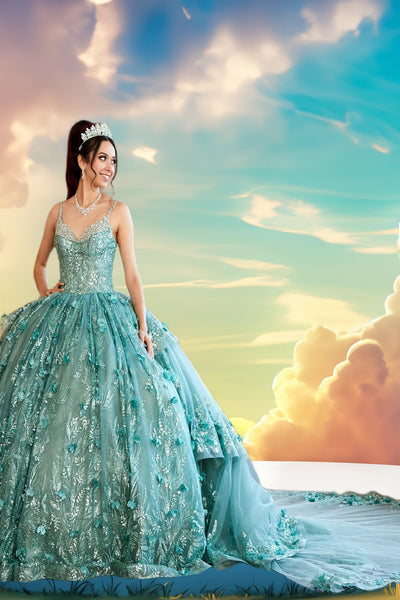 Elowen Sage Green Quinceañera Gown – Floral Ballgown with Train
