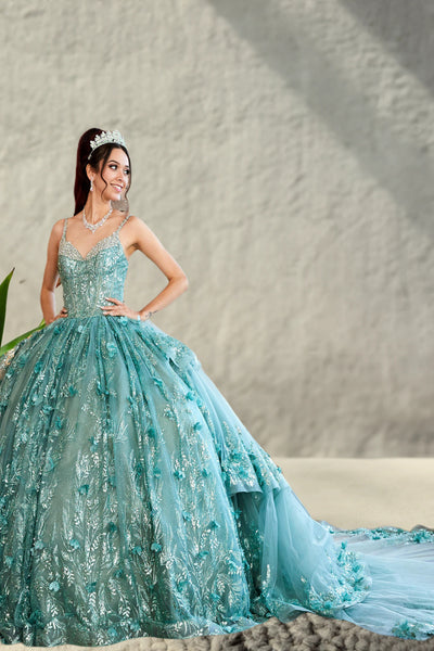 Elowen Sage Green Quinceañera Gown – Floral Ballgown with Train