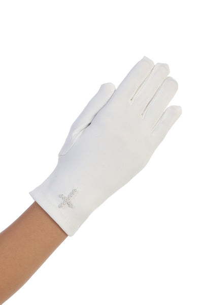 Girls White Communion Gloves Pearl Cross Matte Satin