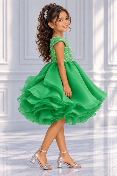 Girls Beaded Pageant Dress with Layered Ruffle Skirt