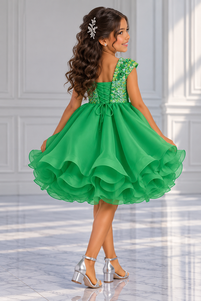 Girls Beaded Pageant Dress with Layered Ruffle Skirt