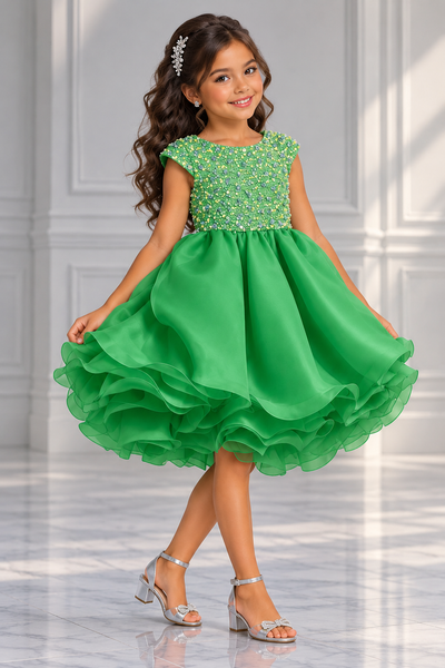 Girls Beaded Pageant Dress with Layered Ruffle Skirt