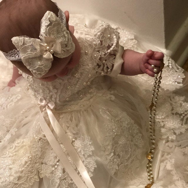 Couture Baby Baptismal Gown In Luxurious  Alencon Lace