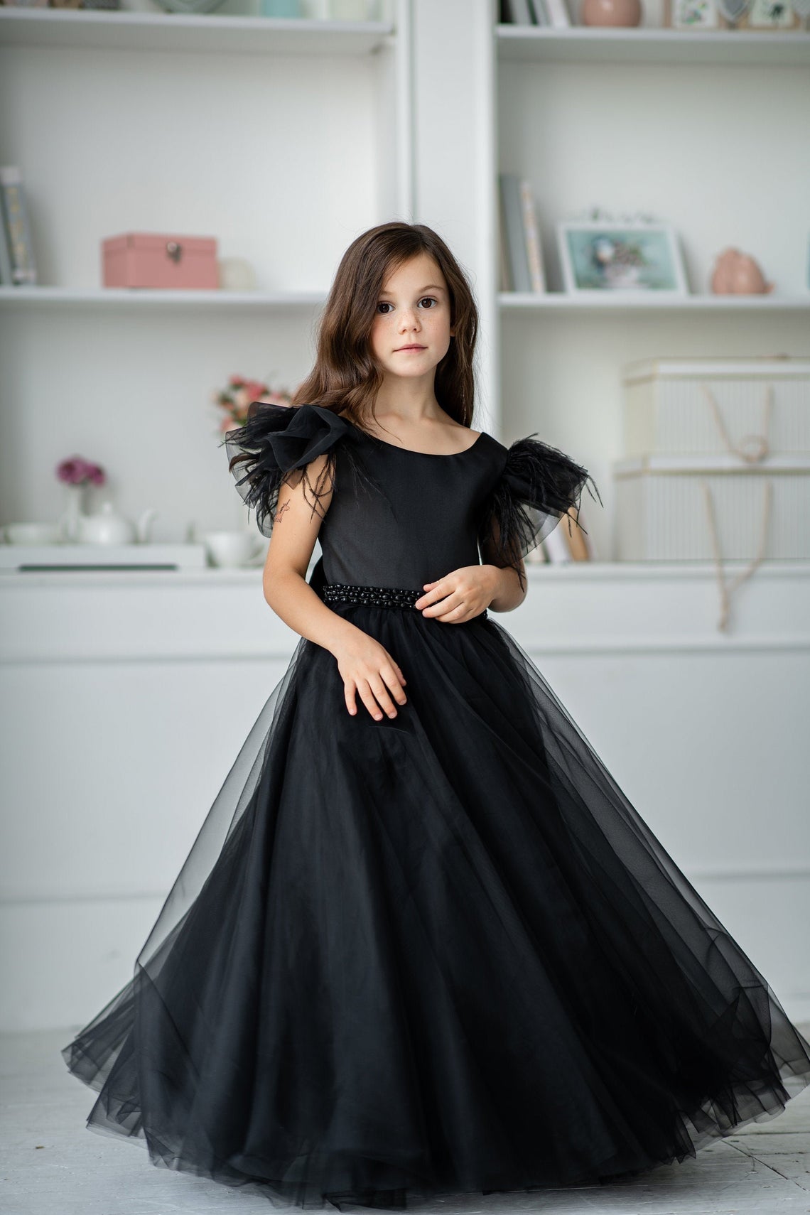 Black Satin Girls Special Occasion Dress With Long Tulle Skirt