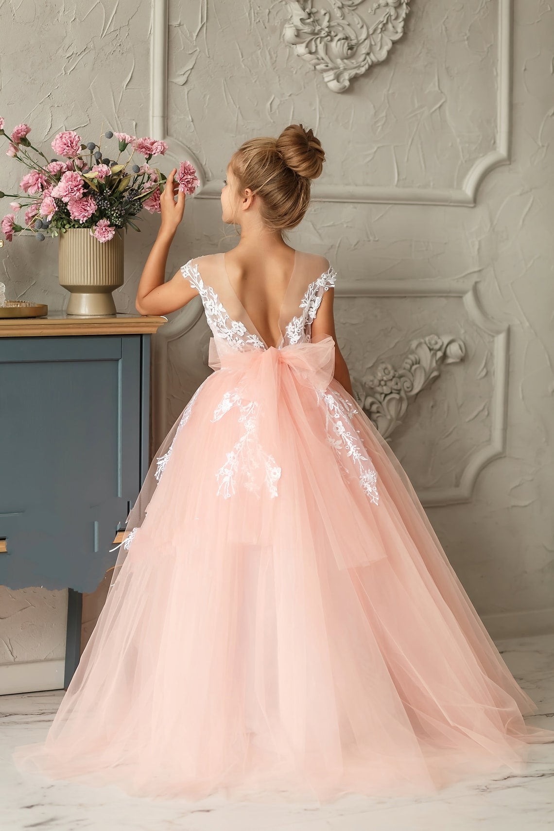 Luxury Studio Wedding Flower Girl Tulle Satin Pageant Communion Dress 
