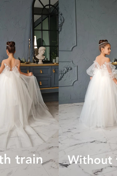 Flower Girl Lace Tulle Special Occasion Communion Dress Detachable Train