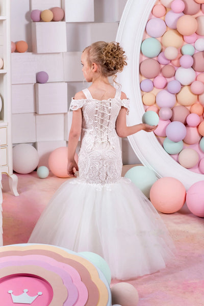 Couture White Junior Bride Mermaid Lace Tulle Flower Girl Wedding Dress 