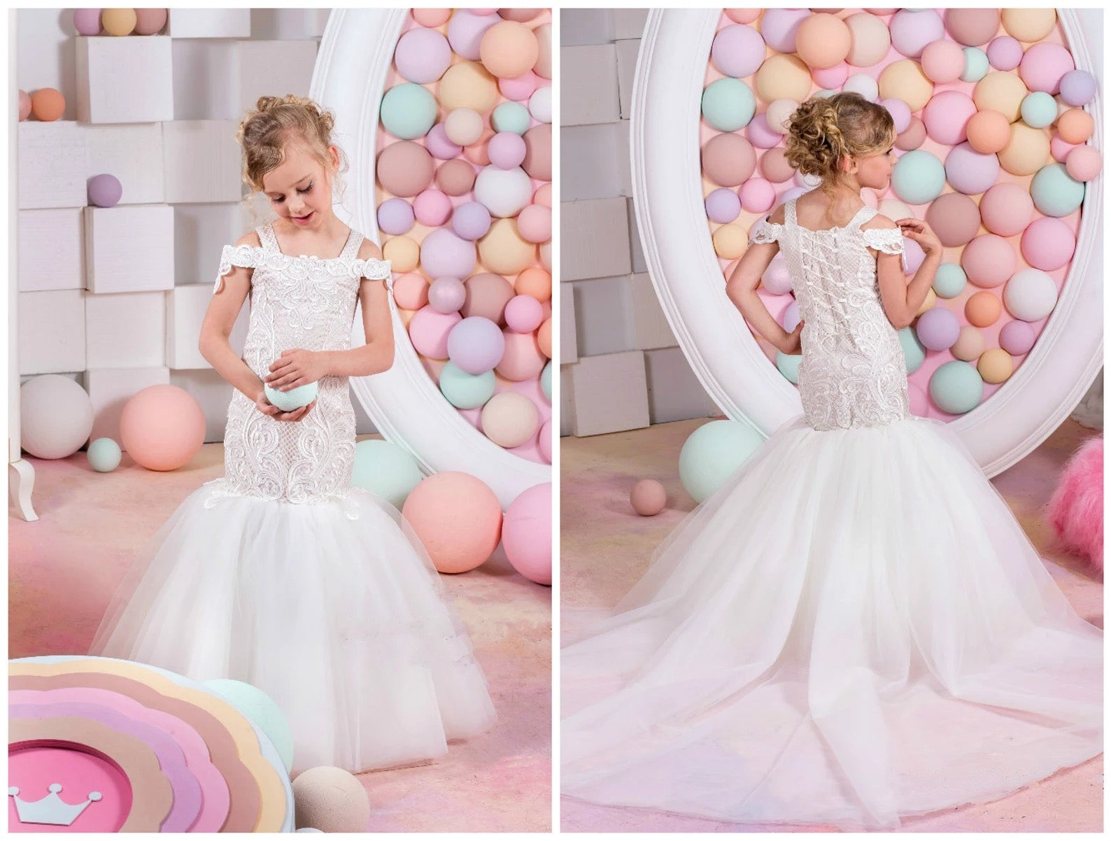 Couture White Junior Bride Mermaid Lace Tulle Flower Girl Wedding Dress 