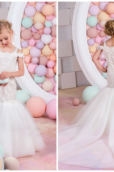 Couture White Junior Bride Mermaid Lace Tulle Flower Girl Wedding Dress 