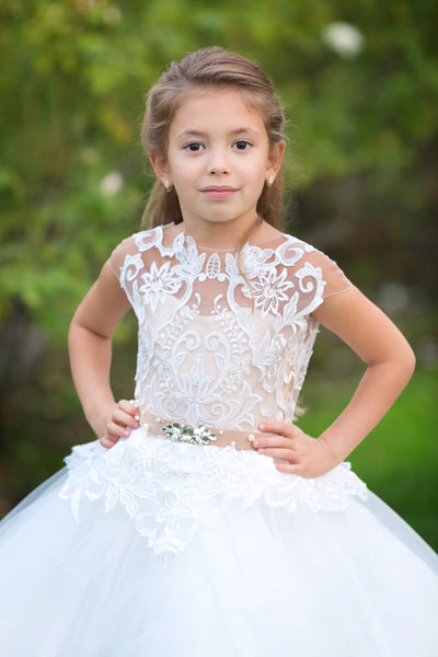 First Communion Wedding Flower Girl Tulle Satin Floor Length Dress