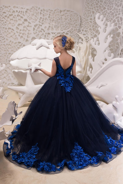Custom Handmade Navy Blue Flower Girl Wedding Party  3D Floral Tulle Dress 