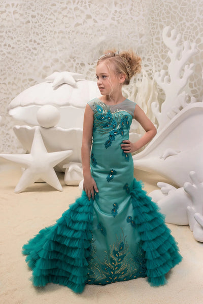 Couture Mermaid Pageant Flower Girl Special Occasion Dress With Ruffle Train