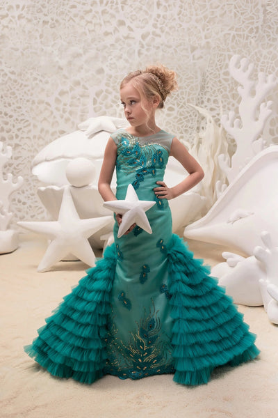 Couture Mermaid Pageant Flower Girl Special Occasion Dress With Ruffle Train