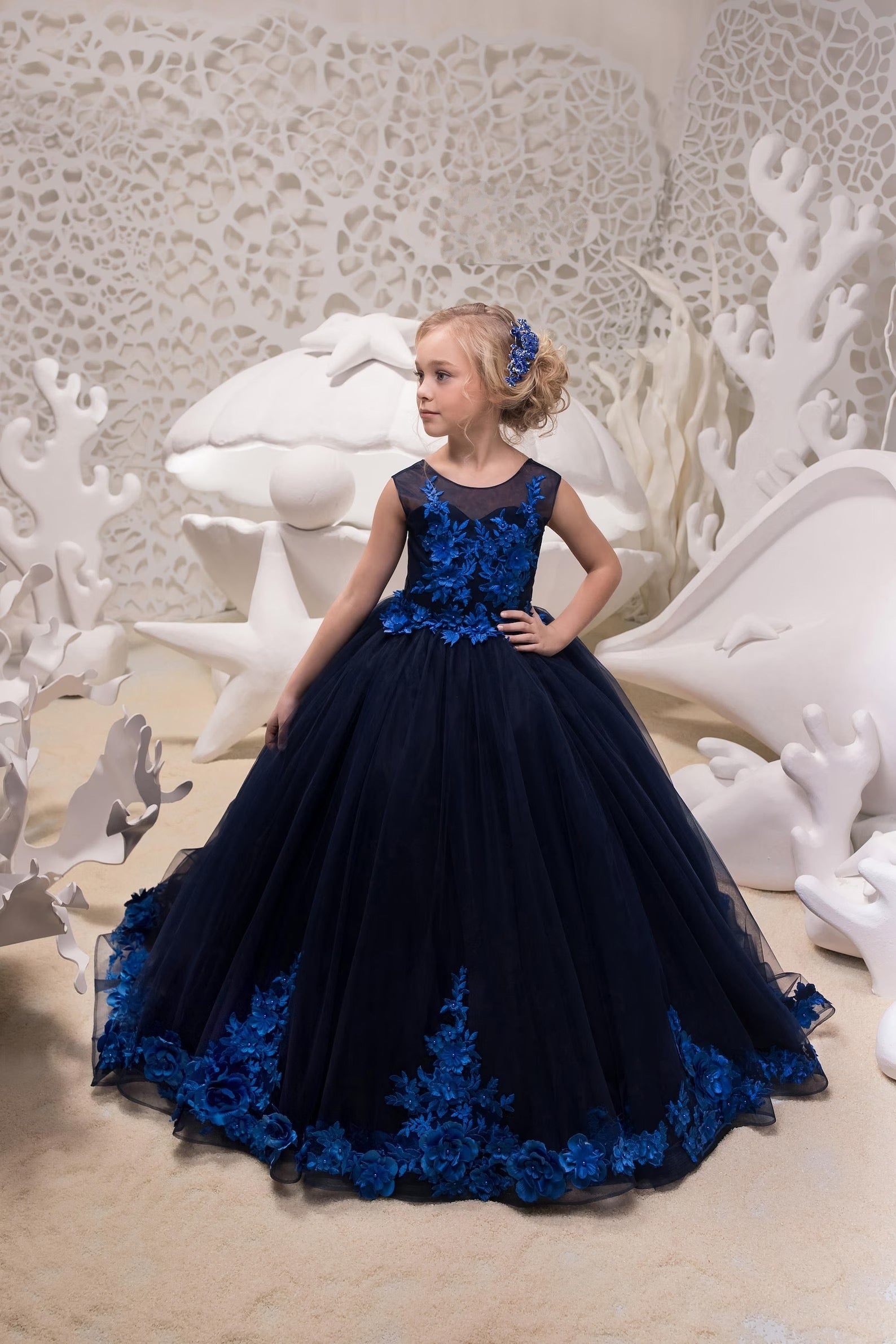 Custom Handmade Navy Blue Flower Girl Wedding Party  3D Floral Tulle Dress 