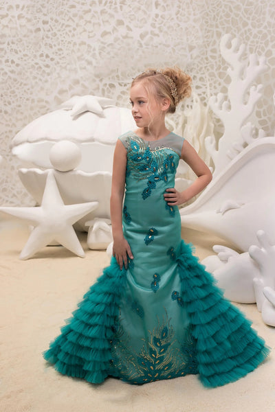 Couture Mermaid Pageant Flower Girl Special Occasion Dress With Ruffle Train