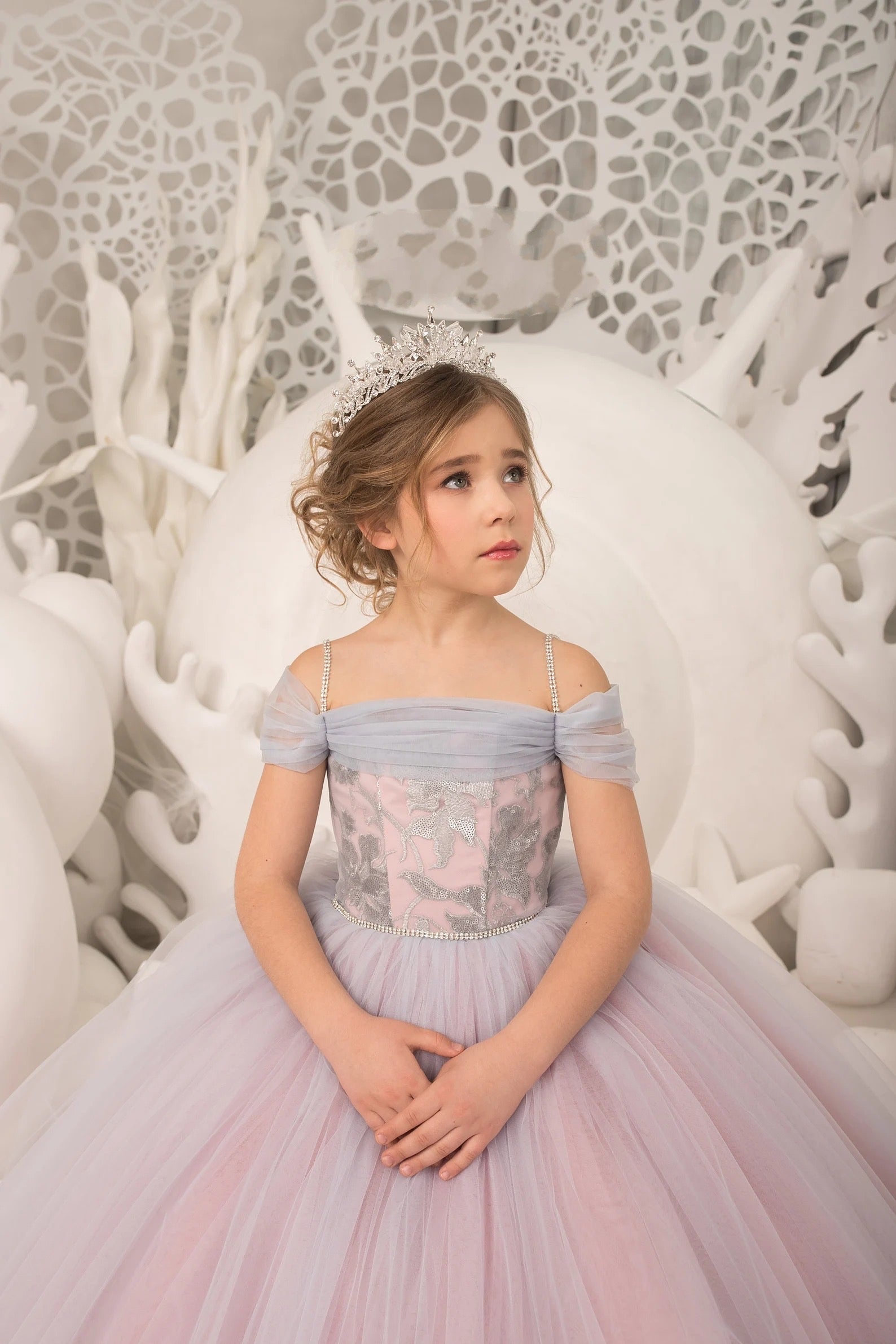 Stunning Couture Flower Girl Satin Tulle Pageant Wedding Party Ball Gown 