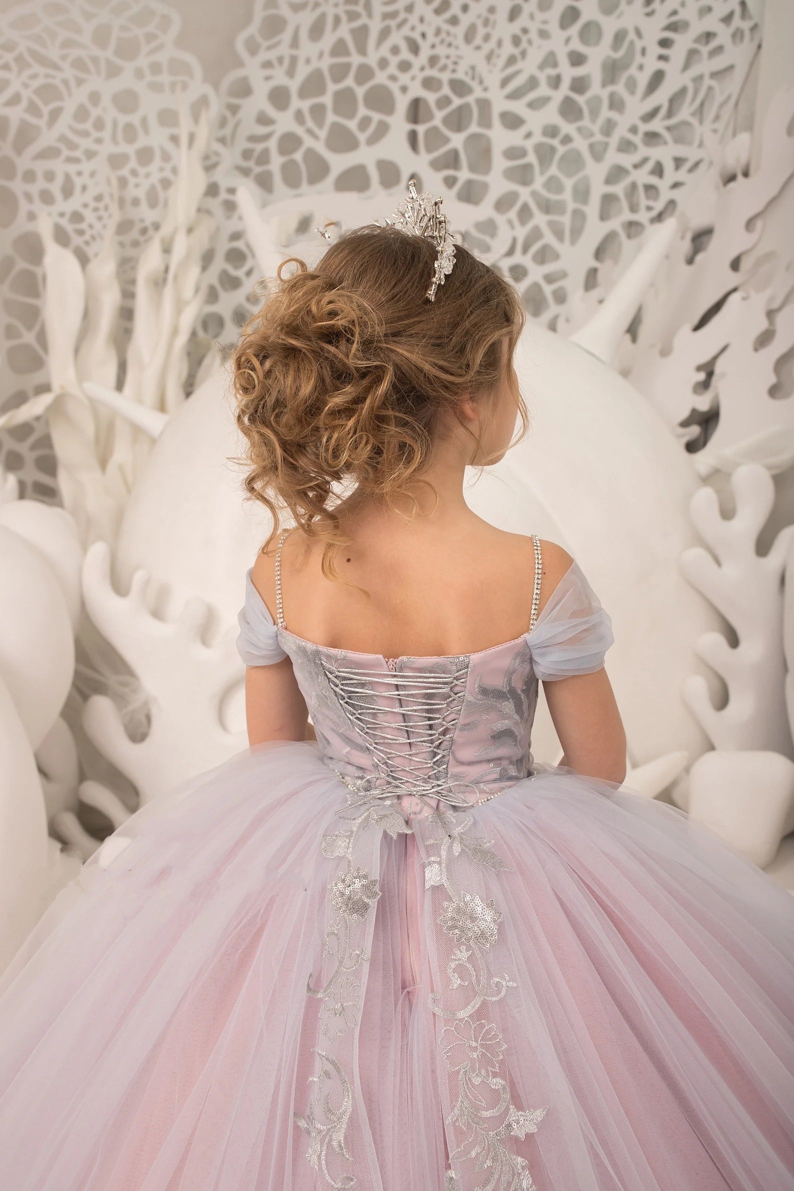 Stunning Couture Flower Girl Satin Tulle Pageant Wedding Party Ball Gown 