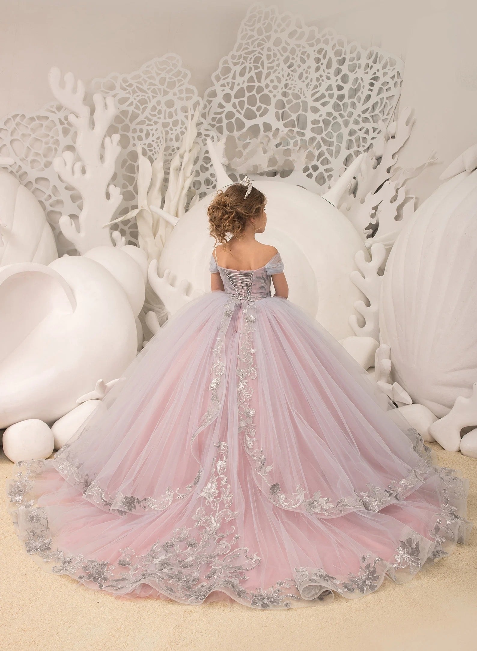 Stunning Couture Flower Girl Satin Tulle Pageant Wedding Party Ball Gown 