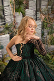 Custom Couture Girls Emerald Green Pageant Glitter Tulle Taffeta Gown 