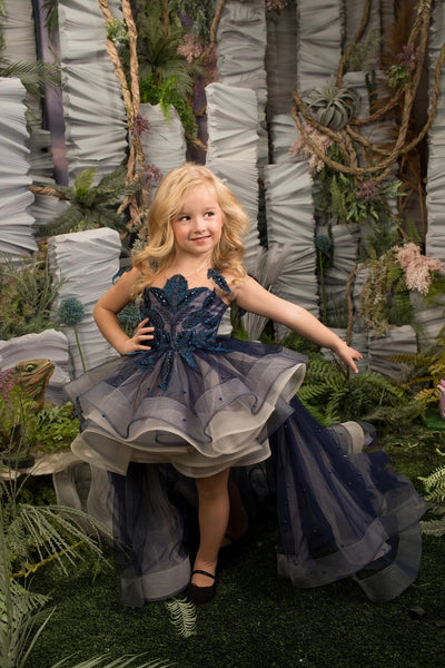 Girls Custom Couture Pageant Flower Girl Party Dress With Detachable Train