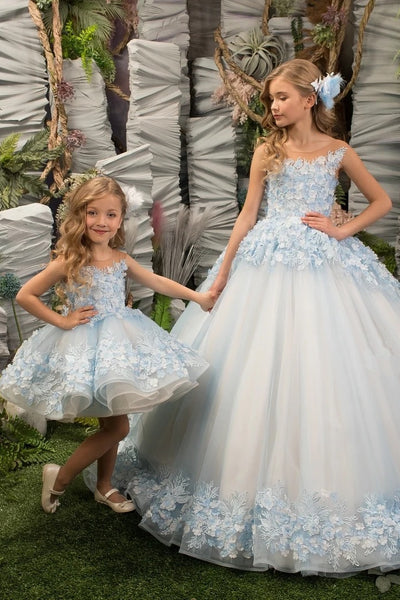 Wedding Flower Girl Party 3D Floral Lace Tulle Knee Length Dress