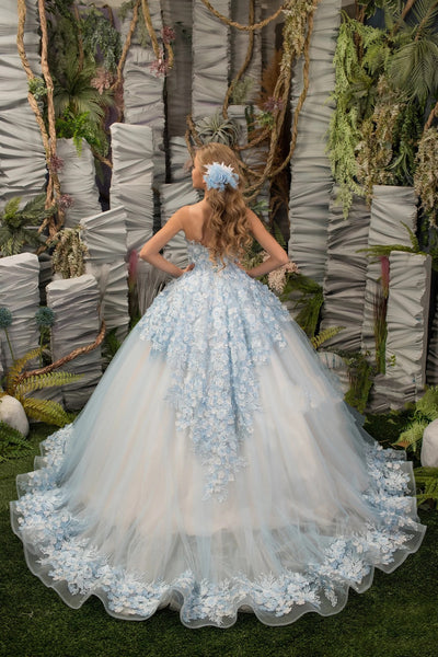 Stunning Floor Length Flower Girl Pageant Party 3D Floral Applique Gown