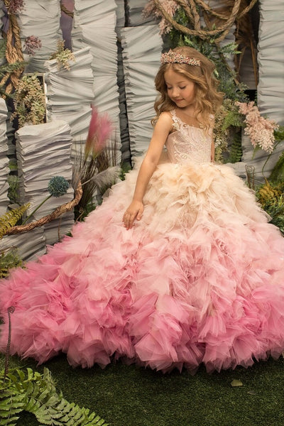 Custom Couture Girls Ruffle Tulle Satin Wedding Pageant Flower Girl Gown
