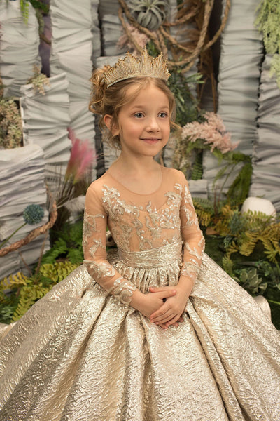 Girls Custom Couture Gold Beaded Embroidered Wedding Flower Girl Ballgown
