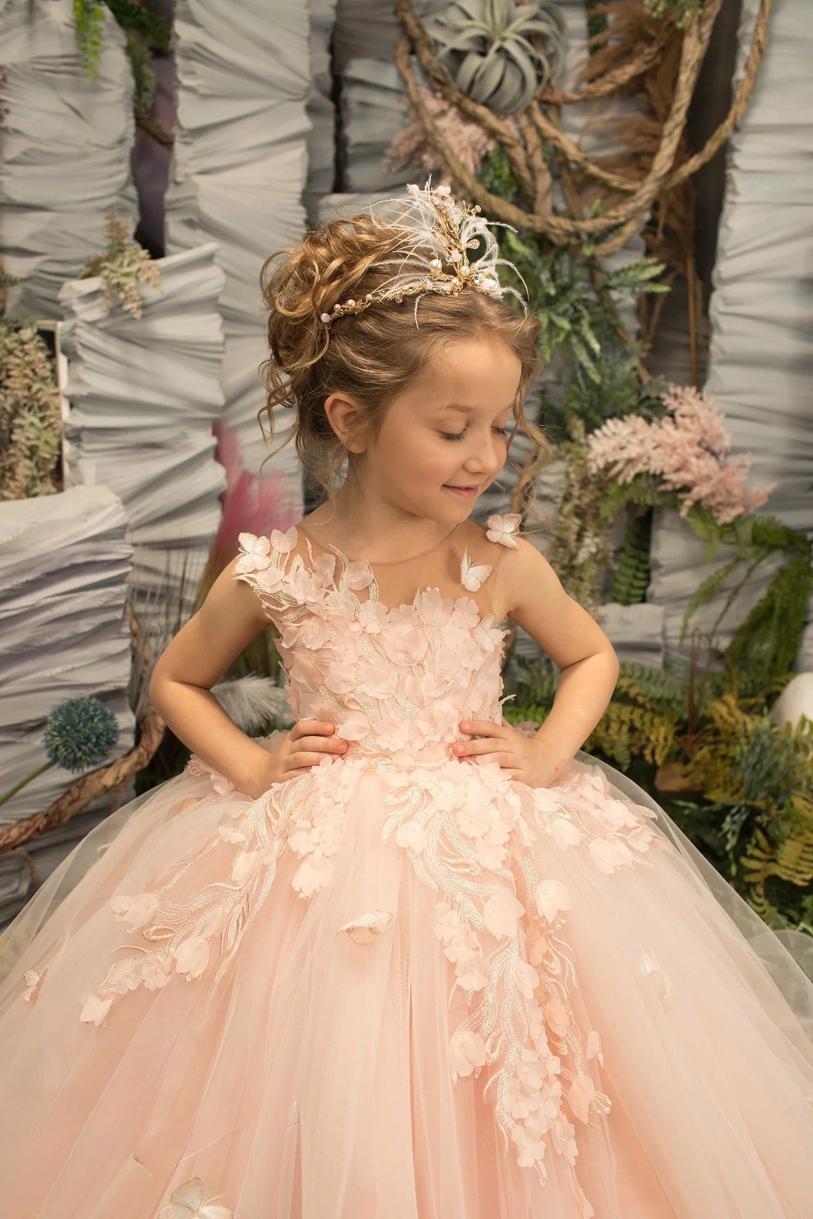 Couture Tulle Wedding Flower Girl Special Occasion Party Dress With Train