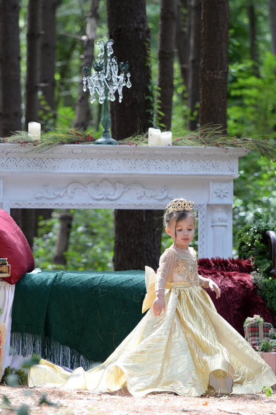 Girls Jacquard Custom Couture Pageant Flower Girl Gown With Train