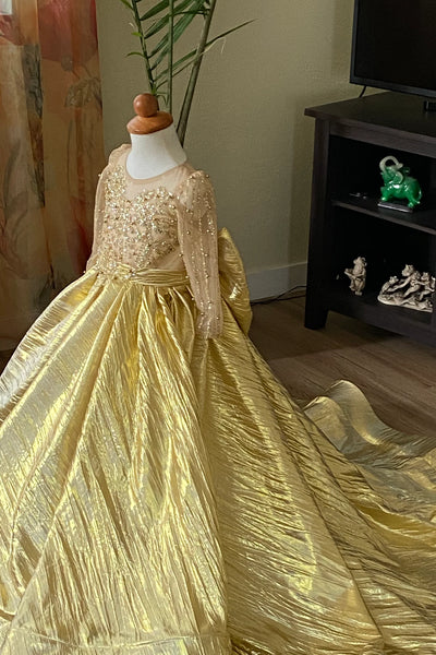 Girls Jacquard Custom Couture Pageant Flower Girl Gown With Train
