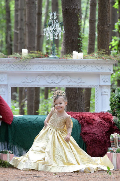 Girls Jacquard Custom Couture Pageant Flower Girl Gown With Train