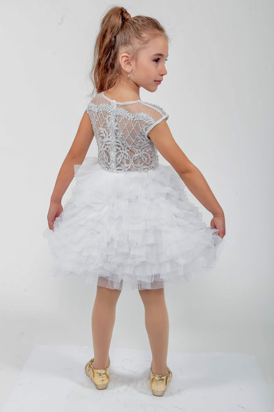 White Silver Girls Pageant Cupcake Dress Couture