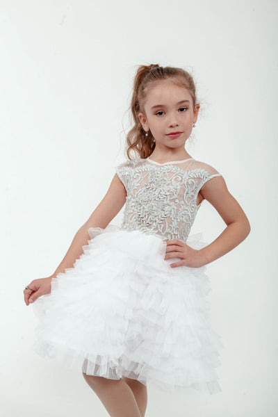 White Silver Girls Pageant Cupcake Dress Couture